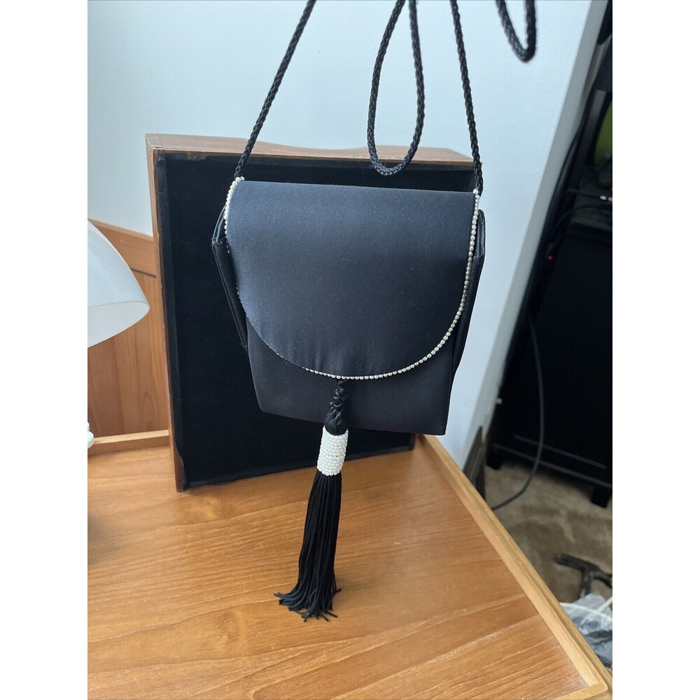 Vintage Black SATIN Evening BAG SHOULDER STRAP  PEARL ACCENTS TASSEL Classy